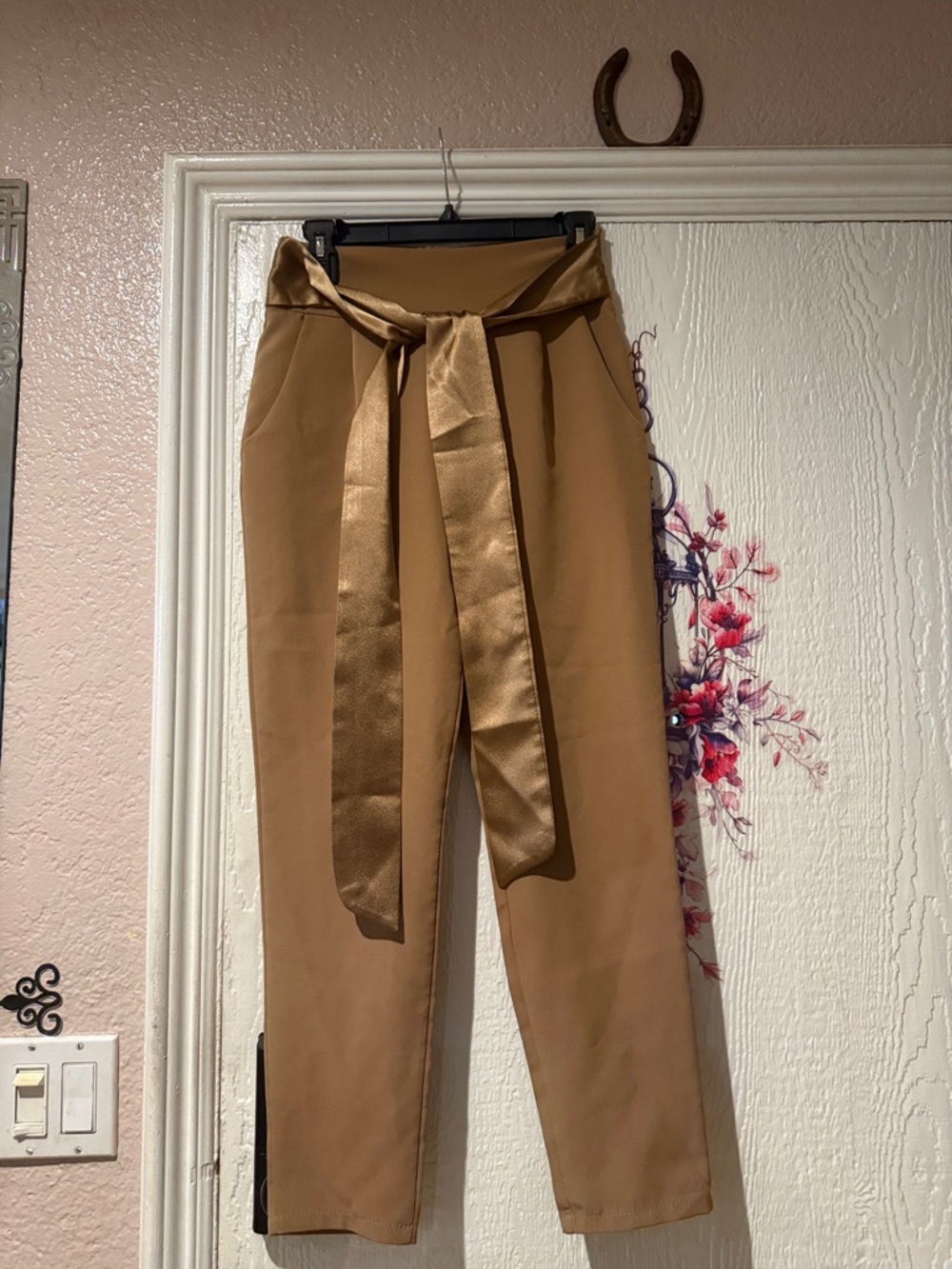 Satin Tie-Waist High-Rise Trousers in Camel Brown